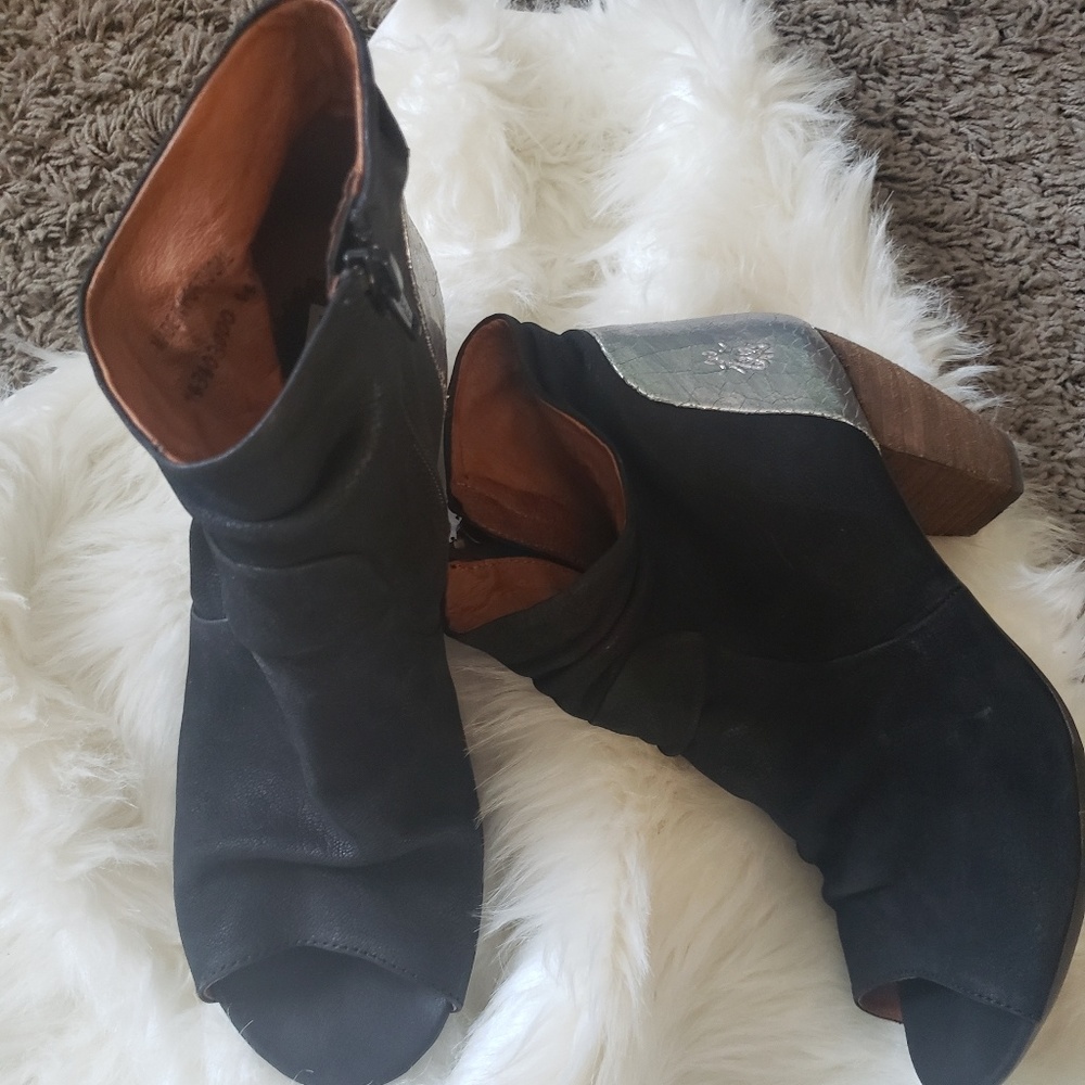Fly London Black Suede Peep-Toe Ankle Booties with Silver Accent